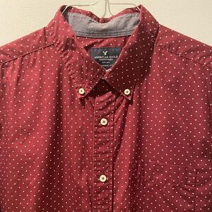 American Eagle Long Sleeve Button Down Shirt-Maroon & white polka dot Size Large